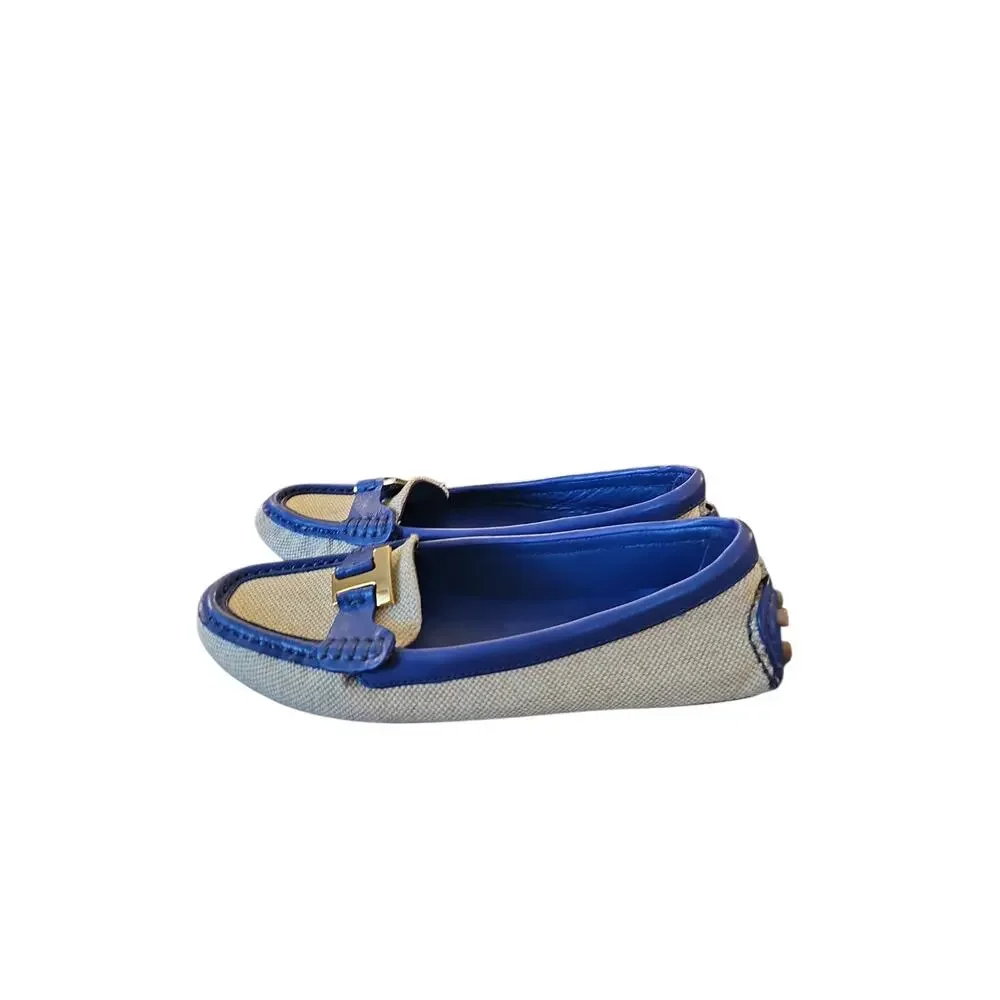Tory Burch natural tan driving loafer with royal blue and gold logo T sz 8.5 SH2